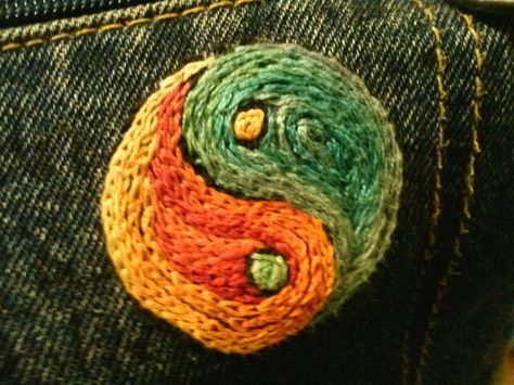 Yin yang, fire water embroidery on my purse Ying Yang Embroidery, Yin Yang Embroidery, Water Embroidery, My Purse, Fire Water, Ying Yang, Diy Life Hacks, Diy Life, Diy Fabric