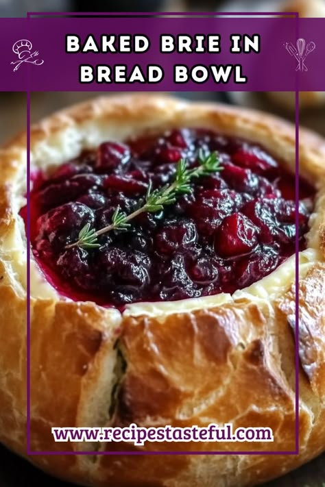 This Baked Brie in a Bread Bowl combines creamy Brie cheese with tart cranberry sauce and aromatic thyme, all encased in a warm, crusty sourdough loaf. It’s a perfect appetizer for gatherings and will impress your guests with its delightful flavors and beautiful presentation. Brie In Sourdough Bowl, Cranberry Brie Sourdough, Brie Stuffed Sourdough, Baked Cranberry Brie Bread Bowl, Brie In Bread Bowl Baked, Cranberry Brie Sourdough Bread, Baked Brie In Bread Bowl, Baked Brie In Bread, Sourdough Appetizers