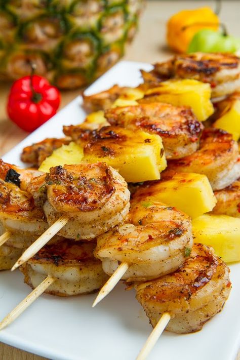 Grilled Jerk Shrimp and Pineapple Skewers Grilled Jerk Shrimp, Grilled Shrimp And Pineapple, Shrimp And Pineapple Skewers, Shrimp And Pineapple, Pineapple Skewers, Jerk Shrimp, Decorações Com Comidas, Skewer Recipes, Shrimp Dishes