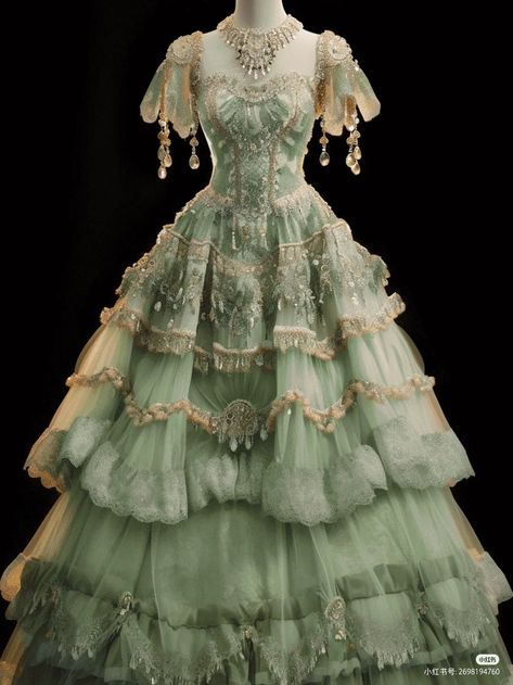 Antique Ball Gowns, Green Victorian Ball Gown, Elaborate Ball Gowns, Olden Time Dresses, 1700 Ball Gowns, 1800s Green Dress, Victorian Dress Green, Royalty Dresses Princess, Romantic Era Dress