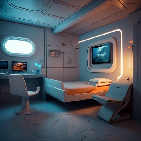 Future Room Concept Art, Sci Fi Bedroom Concept Art, Futuristic Interior Bedroom, Scifi Furniture, Scifi Bedroom, Cyberpunk Home, Sci Fi Apartment, Sci Fi Bedroom, Sci Fi Rooms