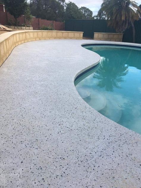 Honed Concrete Patio, Polished Concrete Pool Surround, Honed Concrete Pool Surround, Epoxy Pool Deck, Cantilever Pool, Curved Pool, Pool Area Landscaping, Concrete Pool Deck Ideas, Pool Concrete