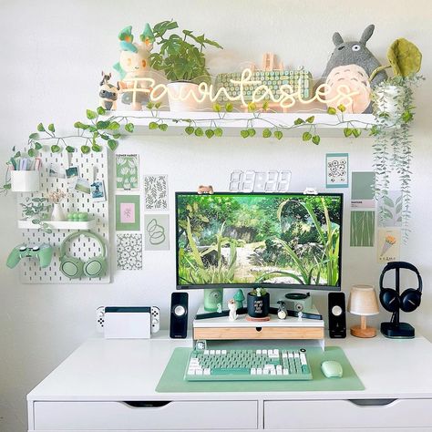 fawn 🍃 | my cozy world ⊹ ࣪ ˖ | happy tuesday! ☁️ notice anything new? 🤭 a lil’ preview to a reel i’ll be posting soon! i am so in love, it’s my new favorite addition.… | Instagram Mint Green Pc Setup, Mint Green Desk Setup, Green Desk Accessories, Switch Desk Setup, Neutral Gaming Setup, Nintendo Switch Setup Ideas, Gamer Girl Desk Setup, Girl Desk Setup, Green Desk Setup