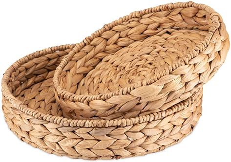 Decorasian Round braided tray made of seagrass, water hyacinth, set 32 cm + 28 cm diameter.: Amazon.co.uk: Kitchen & Home Braided Seagrass Basket Brightroom, Seagrass Underwater, Water Hyacinth Products, Sea Grass Basket With Lid, Eco-friendly Rattan Crochet Basket Bag, Round Serving Tray, Wicker Tray, Water Hyacinth, Natural Branding