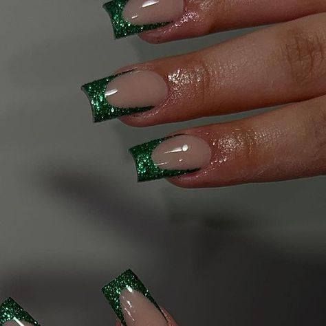 Valeria Nunez on Instagram: "glitter frenchies" Squared Green Nails, Green Glitter Tips Nails, Emerald Green Nails With Glitter, Emerald Nails Christmas, Sparkly Dark Green French Tip Nails, Emerald Green Quince Nails Simple, Hoco Nails For A Emerald Green Dress, Emerald Green Glitter French Tip Nails, Green Glitter French Nails