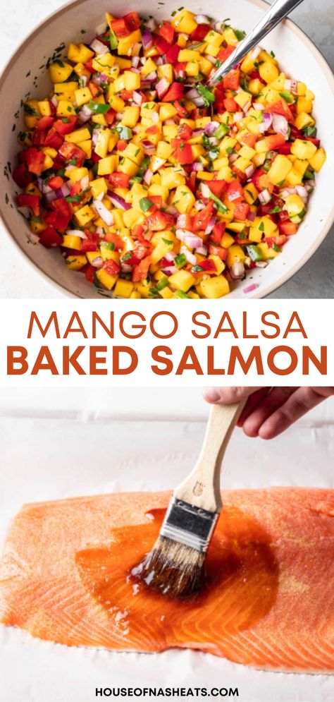 This is the BEST Baked Salmon with Tangy Mango Salsa recipe. Made with a juicy salmon fillet drizzled in maple and soy sauce, cooked to perfection. It is then served alongside a tangy salsa filled with sweet juicy mango, fresh lime juice, bell peppers, and jalapeños! | baked salmon with mango salsa recipe | salmon recipes baked mango salsa | baked salmon mango salsa | oven baked salmon with mango salsa | salmon recipes baked with mango salsa Baked Fish With Mango Salsa, Bbq Salmon Mango Salsa, Mango Salsa Recipe Salmon, Baked Salmon Mango Salsa, Salmon Recipes With Mango Salsa, Mango Salmon Recipes Baked, Mango And Salmon, Mango Chutney Salmon, Baked Salmon With Mango Salsa