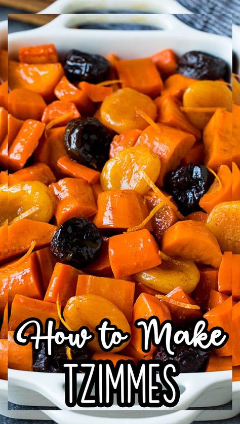 This tzimmes recipe is a colorful stew made with sweet potatoes, carrots and dried fruit. Tzimmes Recipe, Rosh Hashanah Recipes, Jewish Holiday Recipes, Jewish Cuisine, Ground Beef Pasta, Passover Recipes, Kosher Recipes, Sukkot, Carrot Recipes