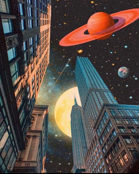 Aesthetic Instagram Background, City Skyline Aesthetic, Skyline Aesthetic, Vintage Futurism, Vintage Space Art, Jim Warren, Futurism Art, Surreal Collage, Aesthetic Edits