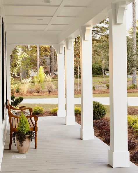 Our Harvest Collection in Slate Gray featured on this Modern Farmhouse. Designed and built by Todd Wilson of Wilson Design & Construction, Inc., this modern farmhouse with a front porch brings beauty to our day and shows that modern farmhouses don’t need to feel cold, bare have all-white interiors. Modern Farmhouse With Front Porch, Farmhouse With Front Porch, Front Porch Columns, Southern Living House Plans, Porch Ceiling, Building A Porch, Porch Columns, Porch Posts, Door Paint Colors