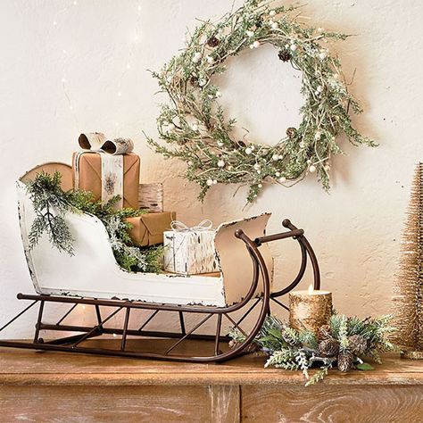 Distressed Iron Sleigh Decor Sleigh Decor, Christmas Sled Decoration, Christmas Sleigh Decorations, Christmas Sled, Silver Christmas Decorations, Country Christmas Decorations, Christmas Sleigh, Office Christmas, Christmas Porch