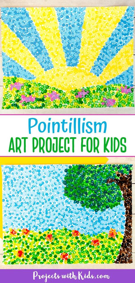 This pointillism for kids art project is fun for all ages! Try q-tip painting to create colorful art inspired by the famous artist Georges Seurat. Kids will love creating their own masterpiece! April Art Activities For Kids, Art And Crafts For Elementary School, April Art Projects For First Grade, Art Activities Inspired By Artists, Pointilism Art Ideas Georges Seurat, Art Projects For School Age, May Art Projects For Elementary, Gr 4 Art, Grade 2 Spring Art