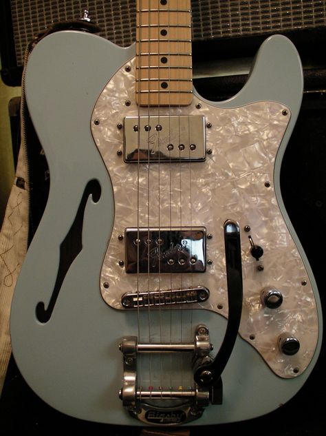 '72 Telecaster Thinline Bigsby Gorgeous surf blue or seafoam green. Lighter than a traditional Tele with the carves out semi-hollow-body, Originally came with special P-90 screamers.. Cajon Drum, Telecaster Thinline, Famous Guitars, Rare Guitars, Guitar Pics, Cool Electric Guitars, Steel Guitar, Bass Amps, Jazz Guitar