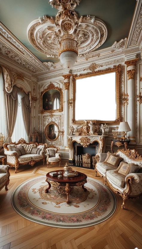 a living room filled with furniture and a painting, lavish rococo baroque setting, ornate furniture, rococo and baroque styles, elegant and ornate, neoclassical style, victorian room, exquisitely ornate, elegant interior, neo - classical style, marble room, extremely opulent, luxurious environment, white elegant baroque design, interior of a victorian house, inside a grand ornate room #ElegantInteriors #RococoRevival #BaroqueBeauty #NeoclassicalNest #VictorianVibes #MarbleMagnificence Baroque Aesthetic Bedroom, French Retro Interior, Old French Interior Design, Baroque Interior Design Modern, Regency Decor Interior Design, Victorian House Inside, French Rococo Aesthetic, Baroque Office, Rococo Photoshoot