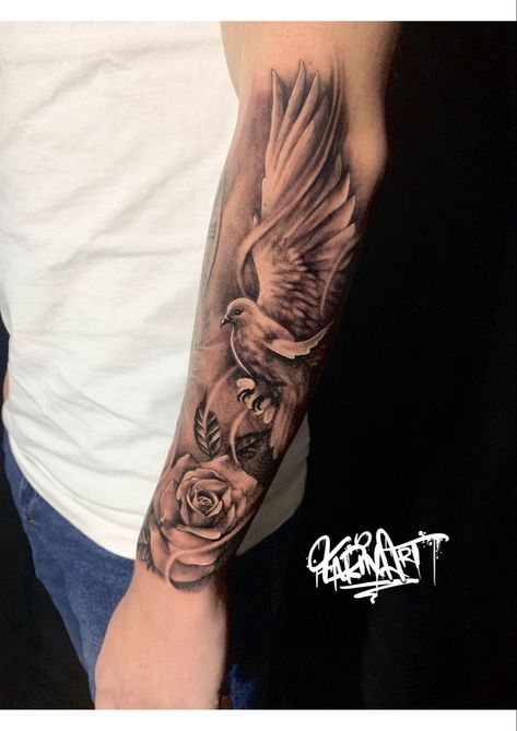 Rose With Bird Tattoo, Vine Bicep Tattoos, Dove Sleeve Tattoo For Men, Dove Arm Tattoo, Dove Tattoo Men Forearm, Holy Spirit Tattoos For Women, Dove Forearm Tattoo, Dove Tattoo Sleeve, Alabama Tattoo Ideas