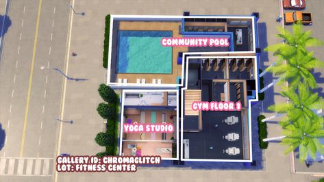 🏊‍♀️ FITNESS CENTER 🏊‍♀️ I wanted to make a yoga studio, but didn't have a small enough lot available in my save file lol. So I made a wellness/fitness set of businesses. There's a yoga studio, gym, and public pool on the lot. I'll do close-ups of the gym and pool another day. _______ Tags: #ts4build #ts4 #TheSims4 #simstagrammer #sims4builds #sims4 #ShowUsYourBuilds #sims4build #thesims4builds Sims 4 Gym Interior, Sims 4 Gym Layout, Sims 4 Yoga Studio, Sims 4 Gym Build, Gym Sims 4, Sims 4 Gym, Public Pool, Studio Gym, Sims Houses