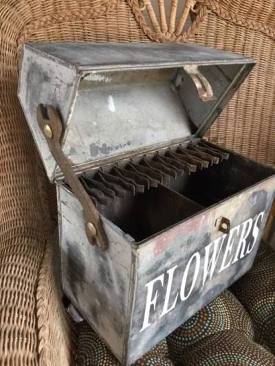 Totally terrific tool box planters | Flea Market Gardening Box Planters, Old Tool Boxes, Metal Tool Box, Wooden Tool Boxes, Flea Market Gardening, Garage Sale Finds, Asparagus Fern, Red Geraniums, Wash Tubs