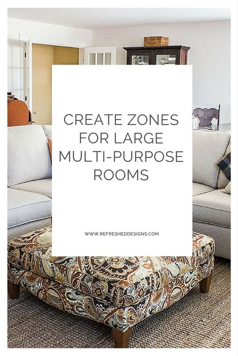 create zones for large multi-purpose rooms Multi Use Family Room Ideas, Multi Purpose Basement Ideas, Multi Purpose Living Room Layout, Upstairs Game Room Ideas Layout, Multi Purpose Family Room, Multi Purpose Basement Layout, Multi Purpose Bonus Room, Large Multipurpose Room, Creating Zones In Open Plan Living