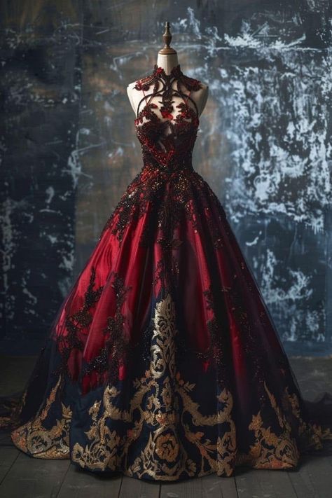 Villain Ball Gown, Fantasy Gowns Red, Vampire Ballgown, Red Masquerade Dress, Red And Black Aesthetic Outfit, Princess Dress Fairytale Royal, Red Fantasy Gown, Red And Black Ball Gown, Red Fairy Dress