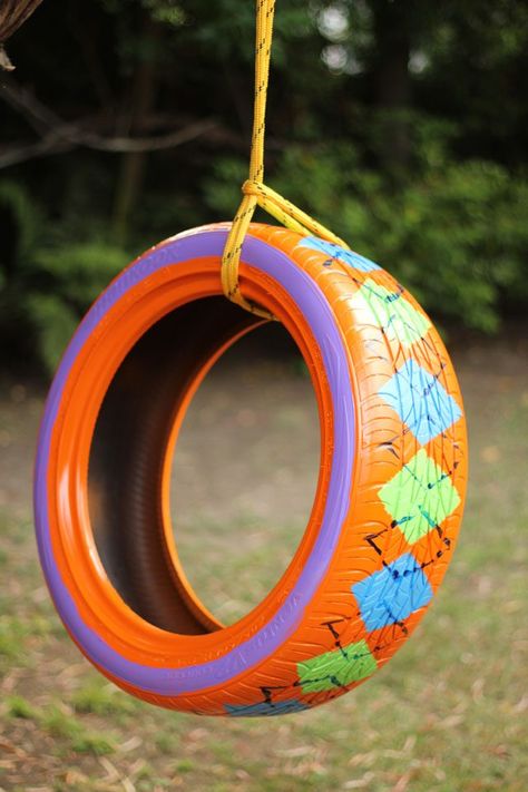 Upcycling old rubber tires is a great way to keep them out of landfills. And they're easy to paint with bright colors and fun patterns. Tire Playground, Tires Ideas, Painted Tires, Reuse Old Tires, Tire Craft, Tire Swings, Tire Garden, Dream Classroom, Tire Art