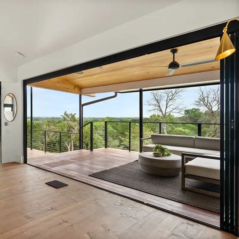 Open slide and stack doors with a view - Belton Mobile Stack Sliding Doors, Extra Large Sliding Glass Door, Large Sliding Glass Door, Ada Ramp, Stacker Doors, Slider Door, Lounge Ideas, Office Partition, Floor To Ceiling