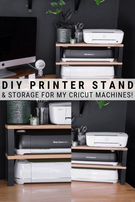 Looking for an easy DIY printer stand idea? I'm sharing what I made to maximize vertical space on a desktop, plus storage for my Cricut machines! Home Office Plus Craft Room, Diy Craft Room Furniture, Home Printer Storage Ideas, Cricut Desk Ideas Home Office, Craft Room Printer Storage, Desk For Cricut Machine, Cricut Home Office Ideas, Shared Craft Room, Cricut Vynal Storage