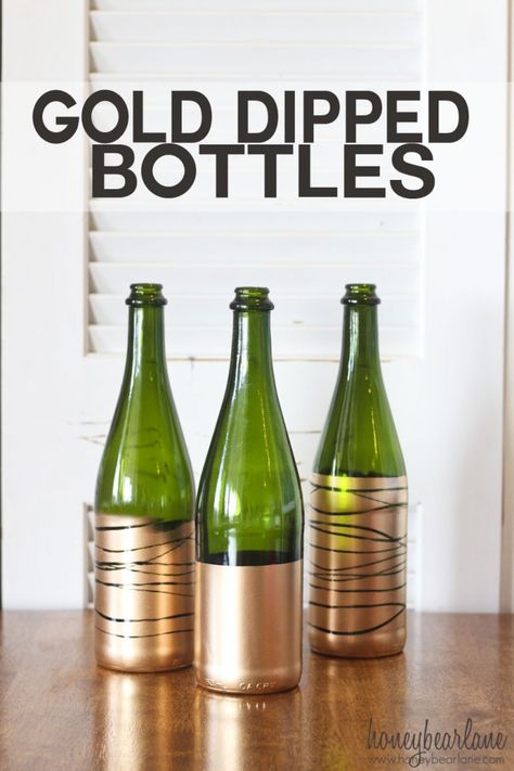 Use green bottles to dip into shimmery gold paint to make this easy, DIY craft. Green Bottle Crafts, Birthday Decorations Diy, Trendy Party Decor, Banquet Ideas, Diy Gold, Wine Craft, 2016 Wedding, Diy Birthday Decorations, Gold Diy