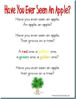 Something Special ~ Apple Songs for Music Time - 1+1+1=1  Bingo and Have You Ever Seen A Lassie tunes!  Fun! Back To School Lessons Preschool, Apple Songs, Apple Lesson Plans, Apple Song, Preschool Apple Theme, September Preschool, Apple Lessons, Circle Time Songs, Apple Preschool