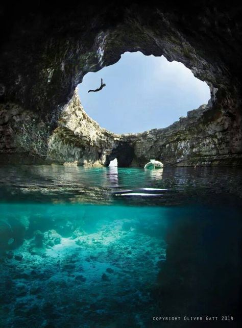 Malta - Paradise - Armier Bay . hole in the earth leading to a wimiscle grotto / swimming hole - Mediterranean - blue glow - secrets! Europe! Malta Photography, Maltese Islands, Canoe Boat, Blue Lagoon, Pretty Places, Places Around The World, Albania, Maltese, Blue Water