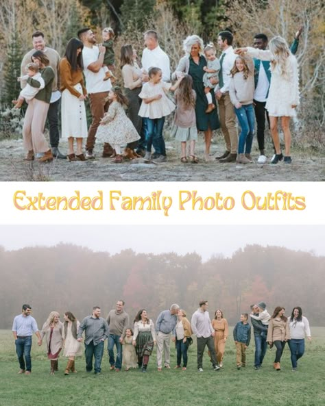 Extended Family Photos Fall, Large Family Fall Photoshoot Outfits, Large Family Outdoor Photoshoot Fall, Family Picture Outfits Large Family, Color Palette For Large Family Photos, Fall Large Family Pictures Outfits, Fall Extended Family Pictures Outfits Color Schemes, Family Photo Outfits Large Group, Outdoor Picture Outfit Ideas