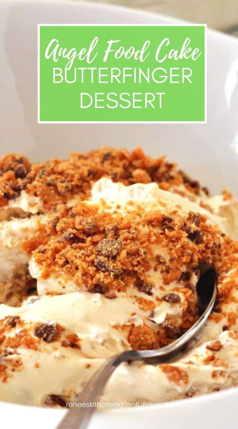 A bowl of butterfinger dessert with spoon, ready to eat. Butterfinger Dessert Angel Food, Angle Food Cake Dessert, Light Desserts Easy, Butterfinger Dessert Recipes, Butterfinger Dessert, Angel Food Cake Trifle, Butter Finger Dessert, Easy Thanksgiving Dessert Recipes, Texture Layers