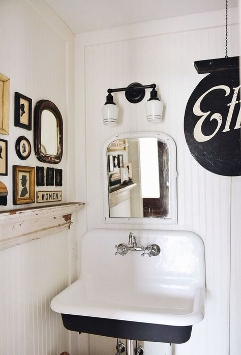 School House Electric Bathroom Light - Liz Marie Blog Farmhouse Bathroom Lighting, Tiny Half Bath, Bathroom Lighting Ideas, Schoolhouse Electric, Wall Mount Sink, Bad Inspiration, Tiny Bathrooms, Style Deco, Tiny Bathroom