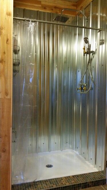 Galvanized shower Diy Basement Shower Cheap, Simple Shower Ideas, Cheap Shower Ideas, Cabin Shower Ideas, Corrugated Metal Shower, Tiny Cabin Bathroom, Mancave Bathroom, Galvanized Shower, Barn Bathroom Ideas