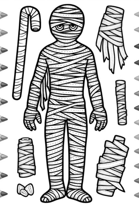 Get ready for a spooky creative spree with our mummy coloring page! This fun coloring activity features a friendly mummy wrapped in bandages just waiting for your artistic touch. Use colorful pencils from both sides to bring this charming character to life. Whether you're looking for a fun family moment or kids' Halloween activities, our easy-to-print coloring page is perfect for all ages Mummy Coloring Pages, Castle Coloring Page, Free Halloween Coloring Pages, Best Pumpkin Patches, Halloween Photo Booth, Witch Coloring Pages, Monster Coloring Pages, Halloween Stories, Halloween Lanterns