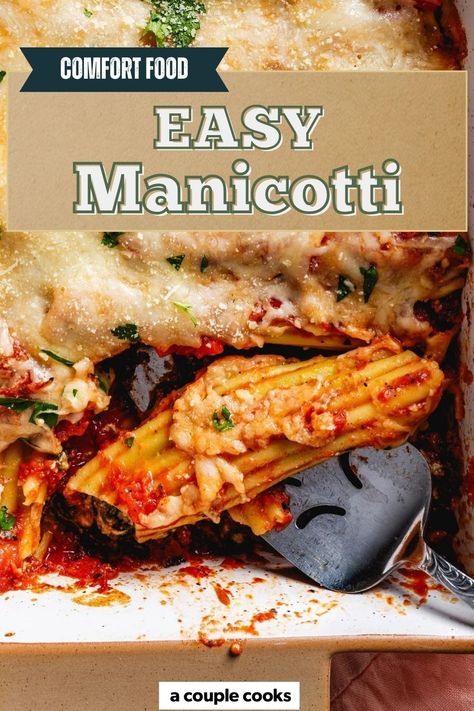 This manicotti recipe is pasta bake comfort food at its finest! This easy no-boil method lets you indulge in layers of creamy cheese and savory filling without the fuss. #manicotti #manicottirecipe #pastabake #pasta #pastarecipe #easypasta #easydinner #dinneridea #easydinnerrecipe #easymanicotti #easymanicottirecipe Easy Manicotti Recipe, Manicotti Pasta, Manicotti Recipe, Winter Salad Recipes, A Couple Cooks, Vegan Salad Recipes, Best Vegetarian Recipes, Homemade Tomato Sauce, Best Gluten Free Recipes