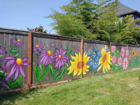 Outdoor Murals — Miche McCausey Murals Flower Mural Outdoor Fence, Paint Fence Ideas Backyards, Fence Murals, Painted Fence, Outdoor Murals, Backyard Fence Decor, Fence Painting, Garden Fence Art, Diy Jar