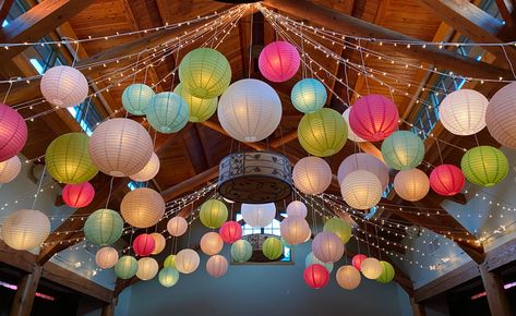 Colorful paper lanterns by Get Lit Event Lighting in Doris Duke Center. Ahs Party, Cheers To, Duke Gardens, Lantern Lighting, Doris Duke, Wedding Ceiling, Paper Lantern Lights, Kids Camp, Spring Formal