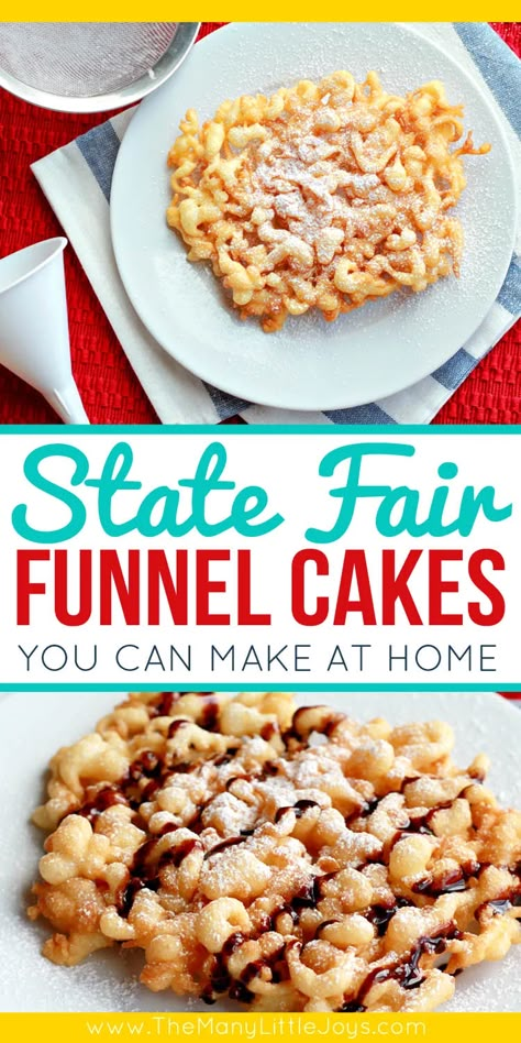 Mix together just a few simple ingredients to create this easy recipe for state fair-style funnel cakes that will make any ordinary weekend special for the whole family. State Fair Funnel Cake Recipe, Fair Funnel Cake Recipe, Gluten Free Funnel Cake, Funnel Cake Recipe Easy, Funnel Cake Bites, Homemade Funnel Cake, Funnel Cake Recipe, State Fair Food, Funnel Cakes