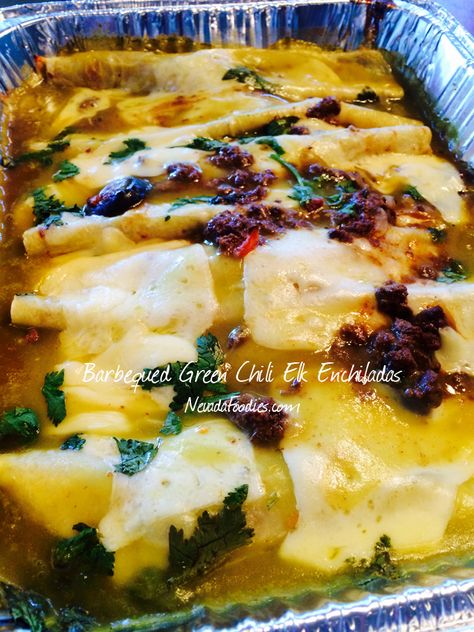 Barbeque Green Chili Elk Enchiladas Antelope Recipes, Elk Meat Recipes, Elk Meat, Chili Enchiladas, Green Chili Enchiladas, Elk Recipes, Outdoor Cooking Recipes, Ground Venison, Tortellini Bake