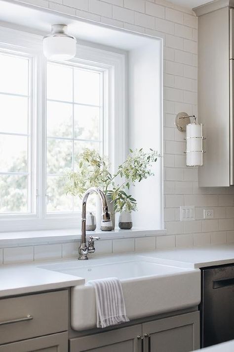 Kitchen Windows Above Sink, Window Above Kitchen Sink, Light Gray Kitchen Cabinets, Light Gray Kitchen, Window Above Sink, Above Kitchen Sink, Window Over Sink, Light Grey Kitchen Cabinets, Gray Grout