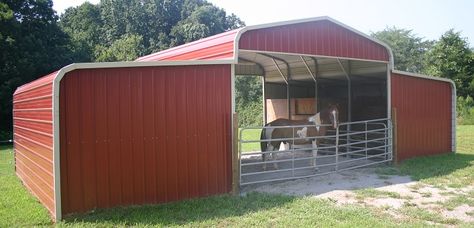 Metal Horse Barns, Diy Carport, Livestock Shelter, Metal Building Kits, Loafing Shed, Steel Carports, Goat Barn, Horse Barn Plans, Steel Barns