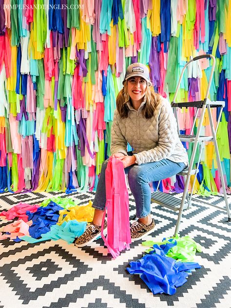 DIY COLORFUL TASSEL FRINGE STREAMER PHOTO BOOTH BACKDROP Diy Colorful Backdrop, Diy Fringe Backdrop, Diy Party Props, Three Esta, Diy Photo Booth Backdrop, Diy Streamers, Dimples And Tangles, Streamer Decorations, Smith Wedding