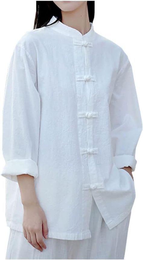 Cyparel Women's Cotton Linen Button Down Shirts Retro Mandarin Collar Chinese Frog Button Tops Blouse Jacket White at Amazon Women’s Clothing store Cheap Cotton Shirt With Mandarin Collar, White Vintage Cotton Outerwear, Chinese Collar Shirt Woman, White Linen Single-button Outerwear, Linen Outerwear With Button Closure, Relaxed Fit, Button Top, Amazon Women, Mandarin Collar, Cotton Linen