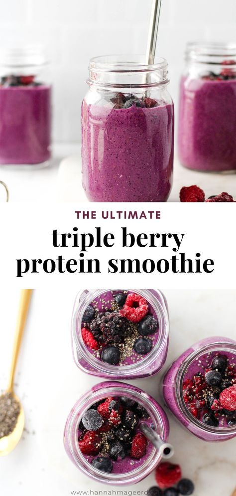 This Berry Protein Smoothie is a great healthy breakfast or snack when you need something quick, tasty and nutritious! Packed with antioxidants as well as fibre, protein, and healthy fat to keep you going. #berryproteinsmoothie #berrysmoothie #tripleberrysmoothie #proteinsmoothie #postworkout #healthybreakfast #healthysnack #smoothierecipe Protien Smoothies Recipes, Protein Smoothie Recipes Healthy, Protein Fruit Smoothie, Triple Berry Smoothie, High Protein Smoothie Recipes, Berry Protein Smoothie, Vegan Protein Smoothie, Protein Powder Smoothie, High Protein Smoothies