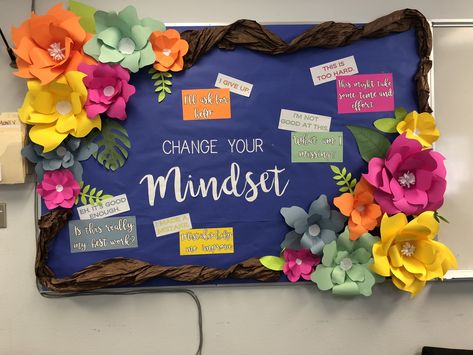 Growth mindset board #growthmindset #positive #bulletinboard #flowers #school Bulletin Board Decoration Ideas, Board Decoration Ideas, Bulletin Board Decoration, Growth Mindset Display, Soft Board Decoration, Display Boards For School, Growth Mindset Classroom, Bulletin Boards Classroom Decor, Class Displays