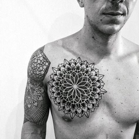 Unique Mens Geometric Chest Tattoos Geometric Chest Tattoo, Mandala Chest Tattoo, Geometric Shape Tattoo, Stammestattoo Designs, Geometric Chest, Small Wave Tattoo, Tattoos Infinity, Shape Tattoo, Tattoo Henna