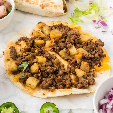 Beef and Potato Tacos Beef And Potatoes Tacos, Baked Potato Tacos, Taco Meat And Potatoes Recipes, Taco Meat And Potatoes, Ground Beef Potato Tacos, Beef And Potato Burrito, Potato And Ground Beef Tacos, Ground Beef And Potato Burritos, Mexican Ground Beef And Potatoes