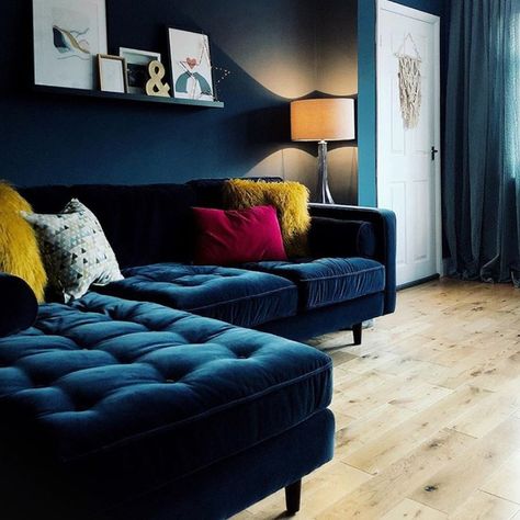 This amazing living room belongs to @porter_and_porter and features our Carluccio corner sofa in navy blue velvet. We love the matching dark blue walls and pops of colour. #Regram via @barkerandstonehouse Dark Blue Sofa, Blue Sofa Living, Blue Sofas Living Room, Blue Couch, Dark Blue Walls, Beautiful Sofas, Blue Sofa, Blue Living Room, L Shaped Sofa