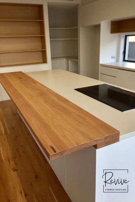 Quartz Worktop With Wooden Breakfast Bar, Countertop Breakfast Bar, Kitchen Bench Extension Ideas, Breakfast Bar Island Ideas, Ideas To Extend Kitchen Island, Timber Breakfast Bar, Adding Breakfast Bar To Counter, Island Bench Extension, Breakfast Bar Extension Counter Tops