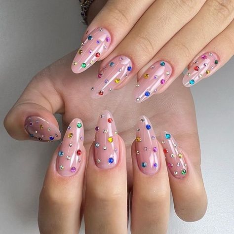 Rhinestone Summer Nails 2024: 20 Dazzling Designs for Every Style Nail Designs Festival, Rhinestone Nails Colorful, Summer Rhinestone Nails, Colorful Diamond Nails, Gem Design Nails, Diamonte Nail Designs, Color Rhinestone Nails, Nail Art Rhinestones Ideas, Rainbow Rhinestone Nails