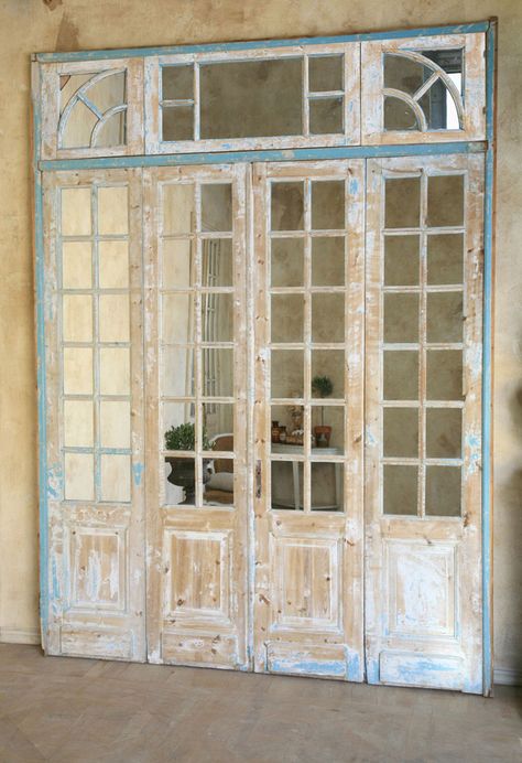 old door style...top windows makes the ceiling height look higher Antique Door On Slider, Sliding Antique Door, Doors Old Vintage, Antique Wood French Doors, Bedroom Sunroom, Antique French Doors The Home Depot, Vintage French Doors, Old French Doors, Wedding Dress Sleeveless